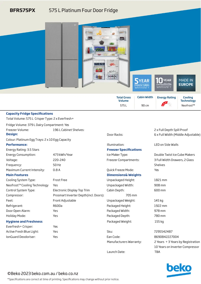 Page 1 de la notice Fiche technique Beko BFR575PX