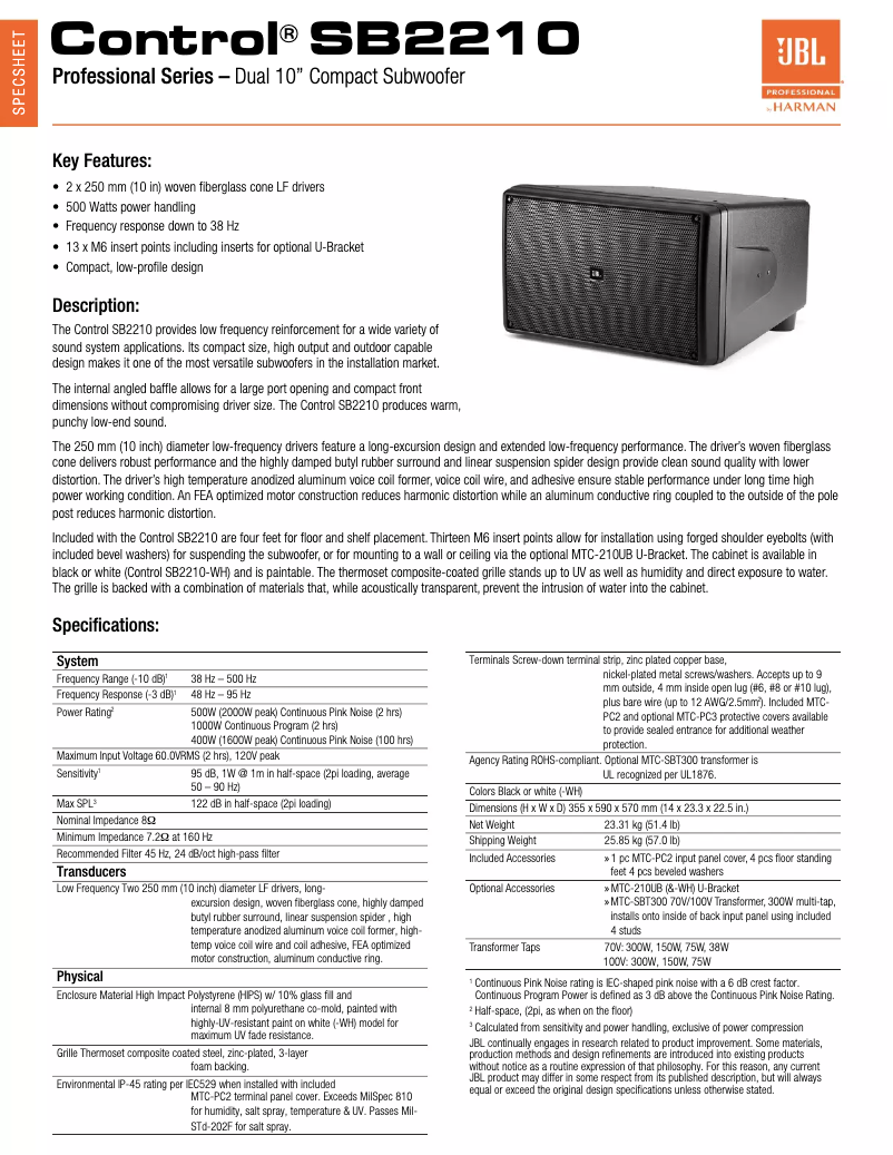 Page 1 de la notice Fiche technique JBL Control SB2210