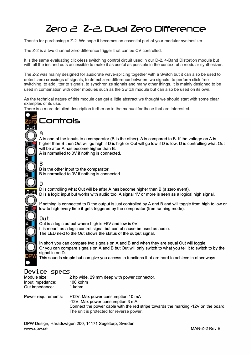 Page n°1 - Manuel utilisateur DPW Design Zero 2