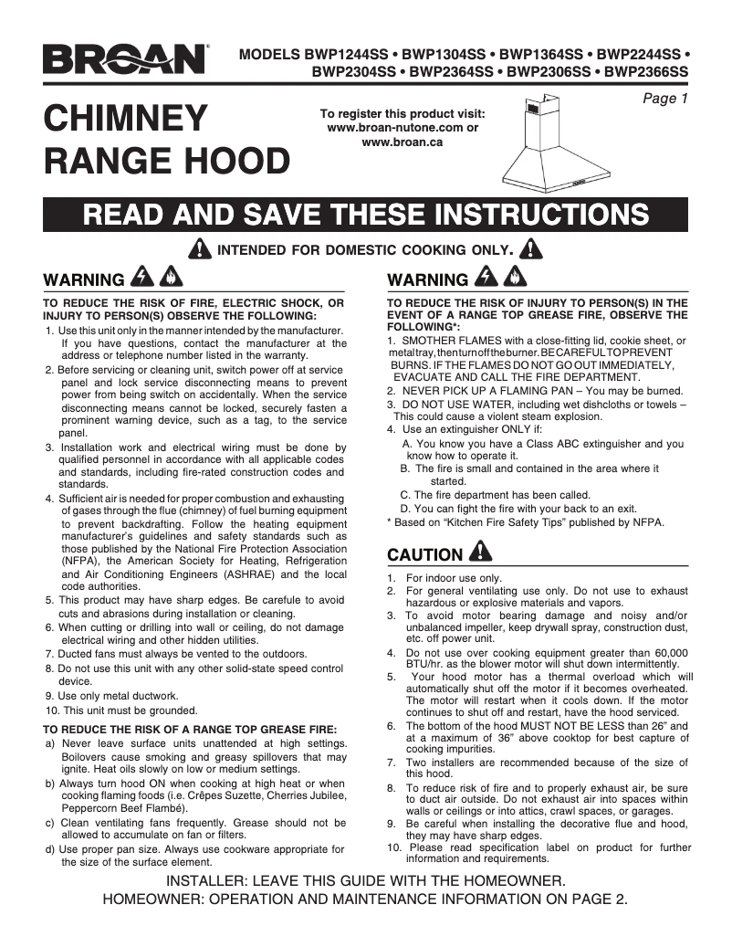 Page n°1 - Guide d'installation Broan BWP2366SS