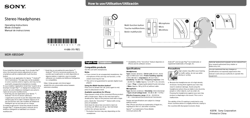 Image de la première page du manuel de l'appareil MDR-XB550AP