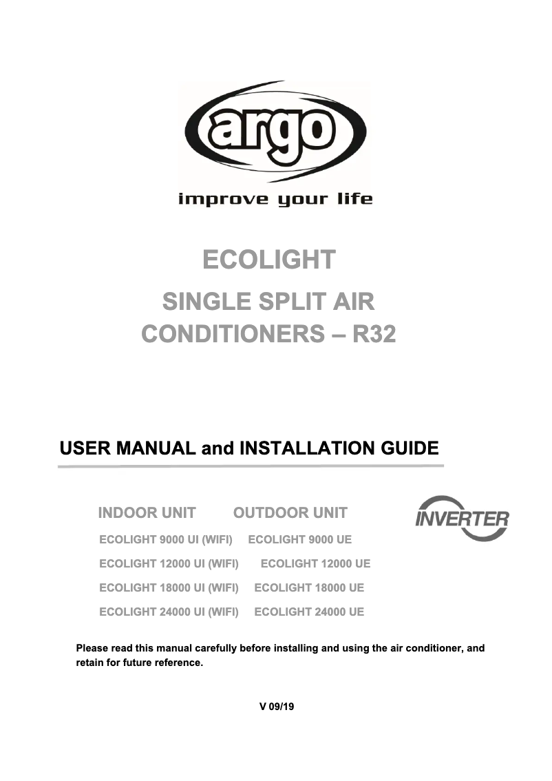 Page n°1 - Manuel utilisateur Argoclima ECOLIGHT 24000 UE