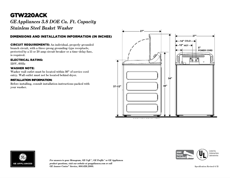 Image de la première page du manuel de l'appareil GTW220ACKWW