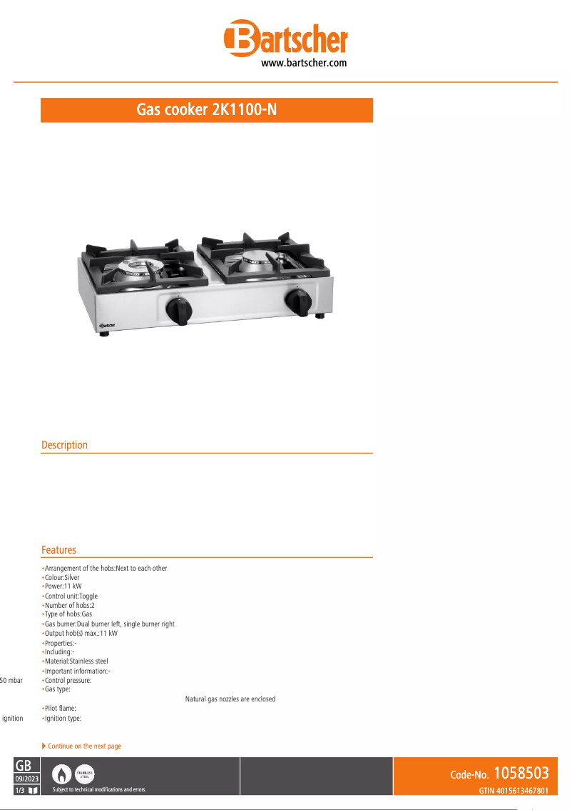 Page n°1 - Fiche technique Bartscher 2K1100-N