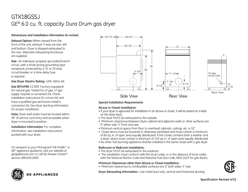 Page n°1 - Fiche technique GE GTX18GSSJWW