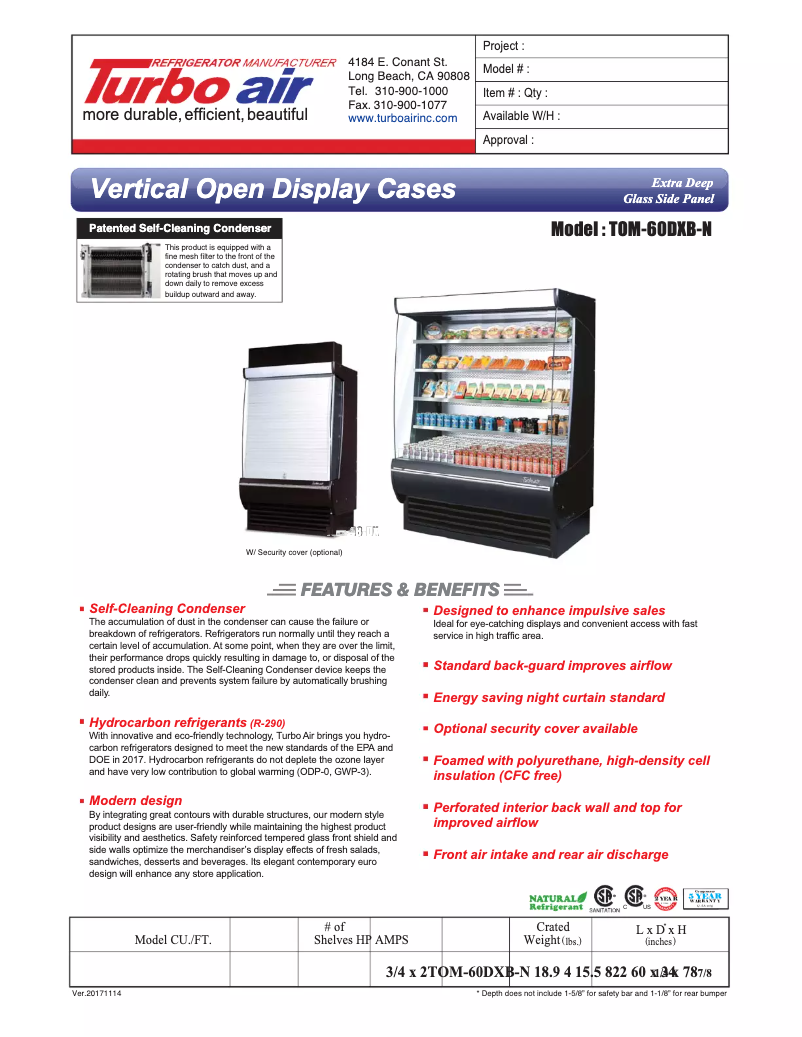 Page 1 de la notice Fiche technique Turbo air TOM-60-DX