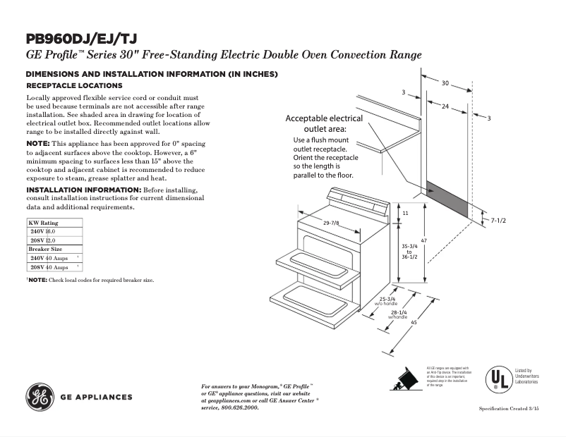 Page n°1 - Fiche technique GE Profile PB960DJBB