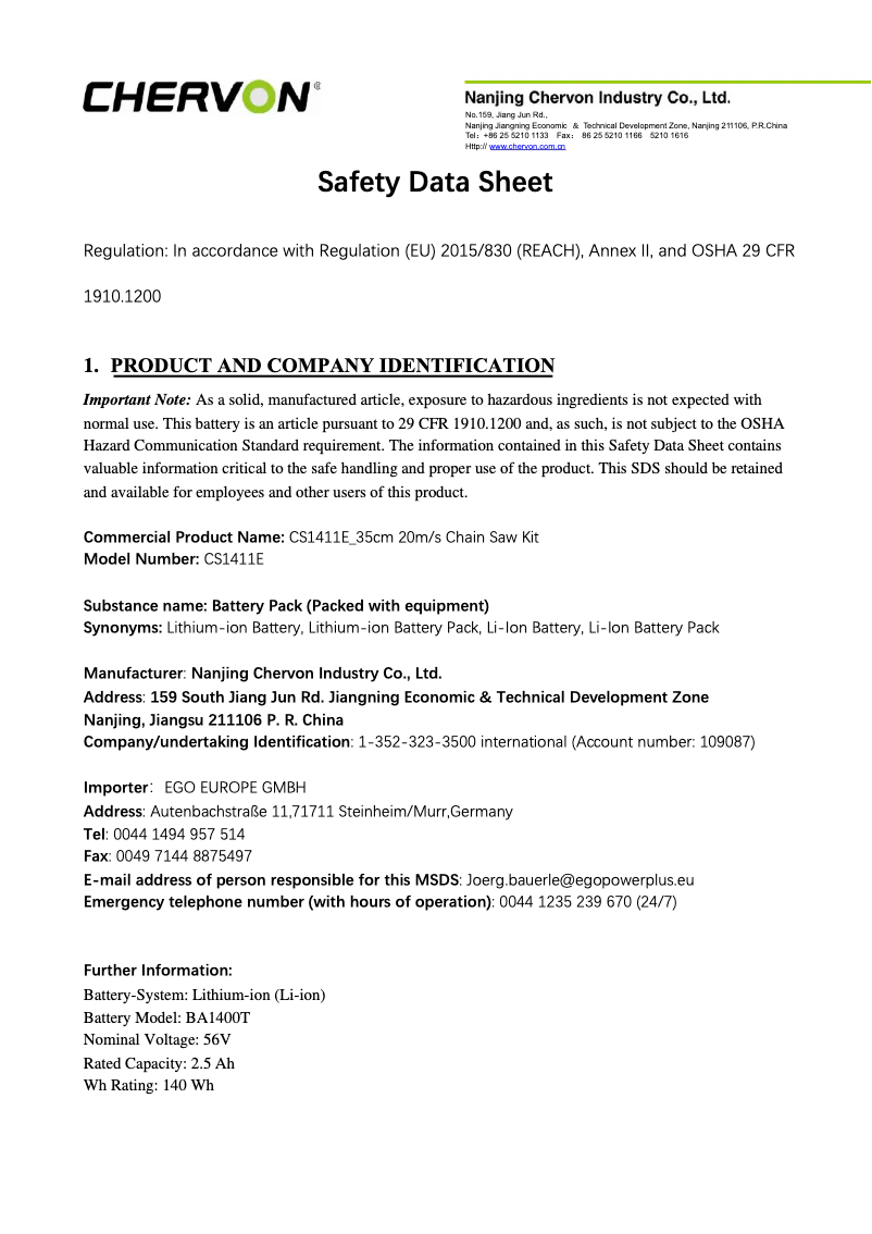 Page n°1 - Instructions de sécurité EGO CS1411E