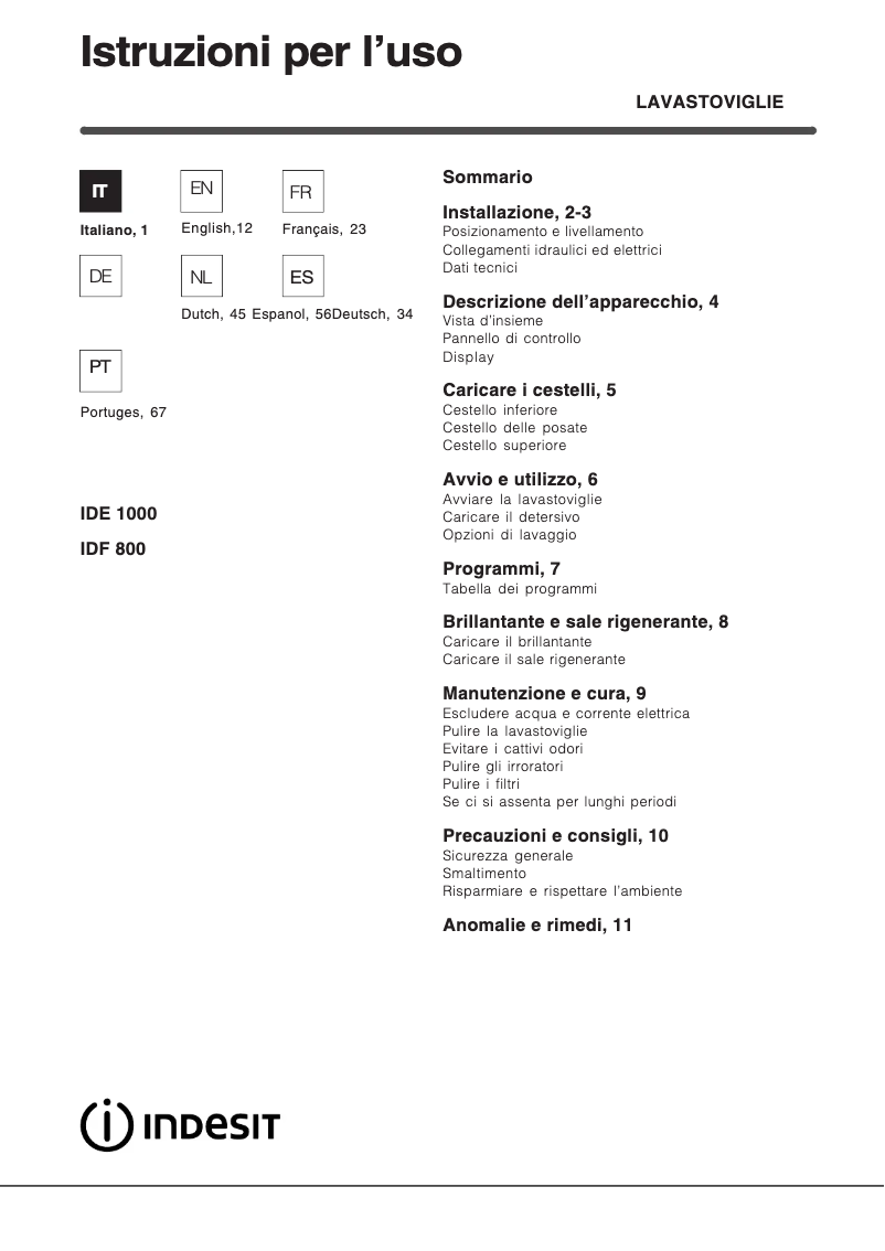 Page 1 de la notice Manuel utilisateur Indesit IDF 800 EU.2