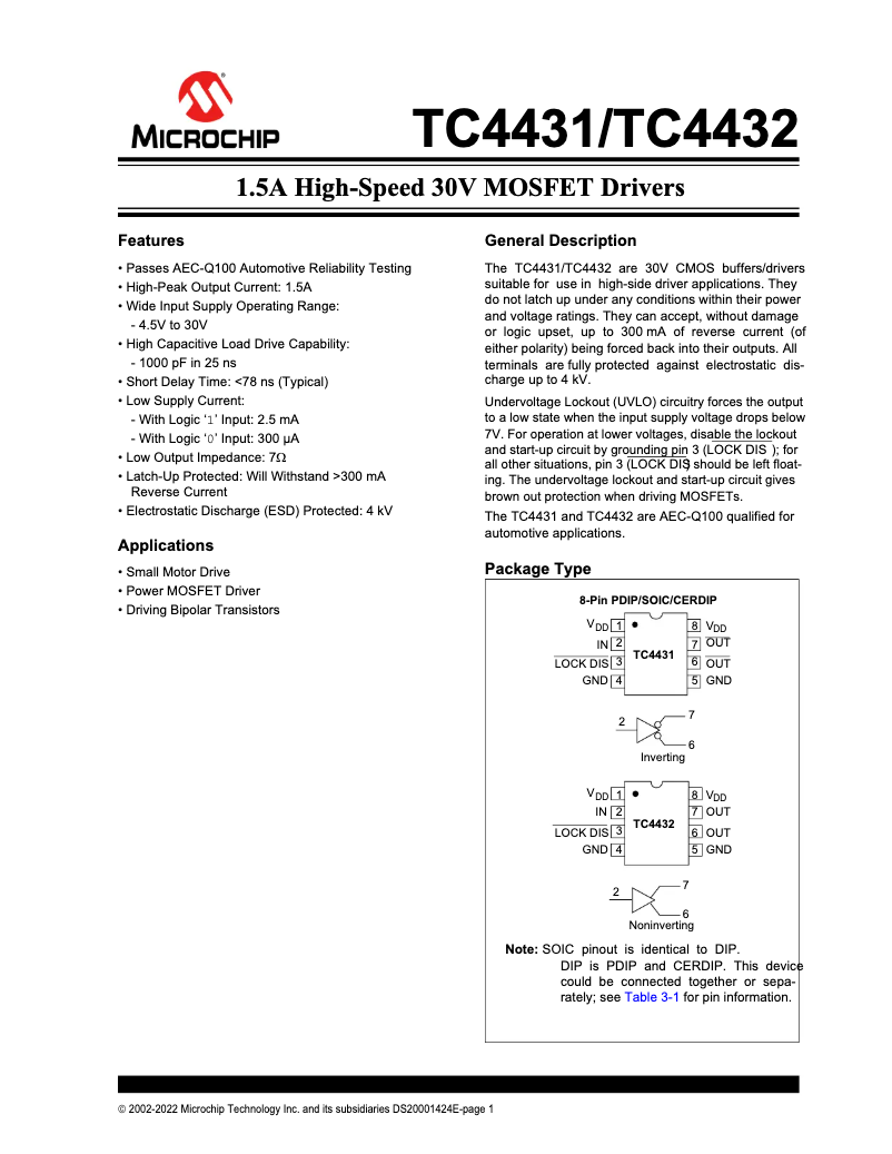 Page 1 de la notice Fiche technique Microchip TC4432