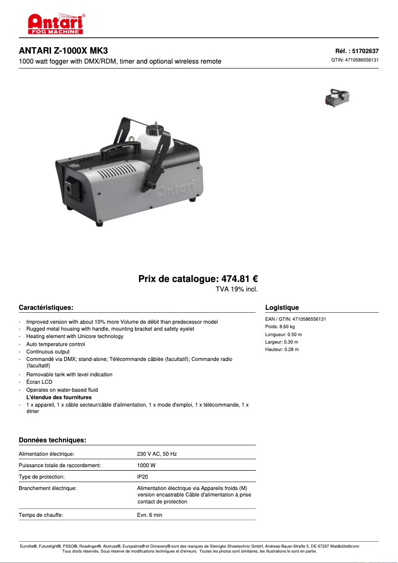 Page n°1 - Fiche technique Antari Z-1000 III
