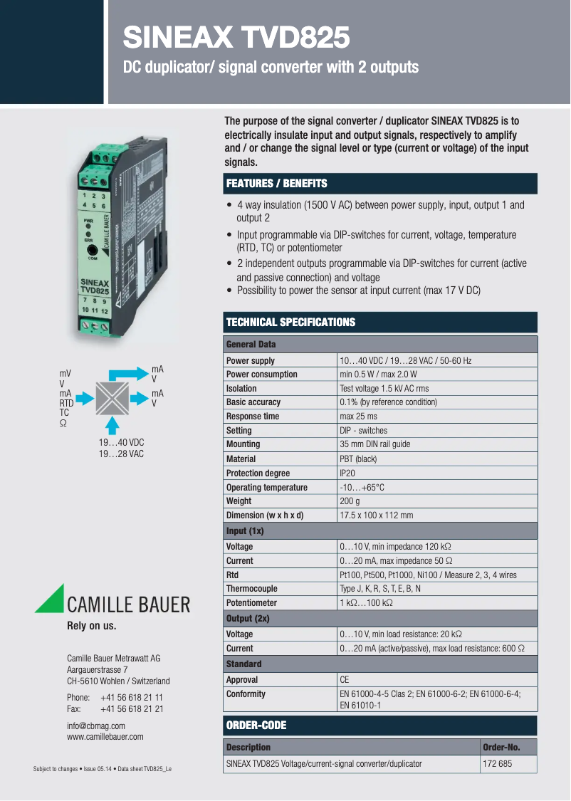 Page 1 de la notice Fiche technique Gossen Metrawatt SINEAX TVD825