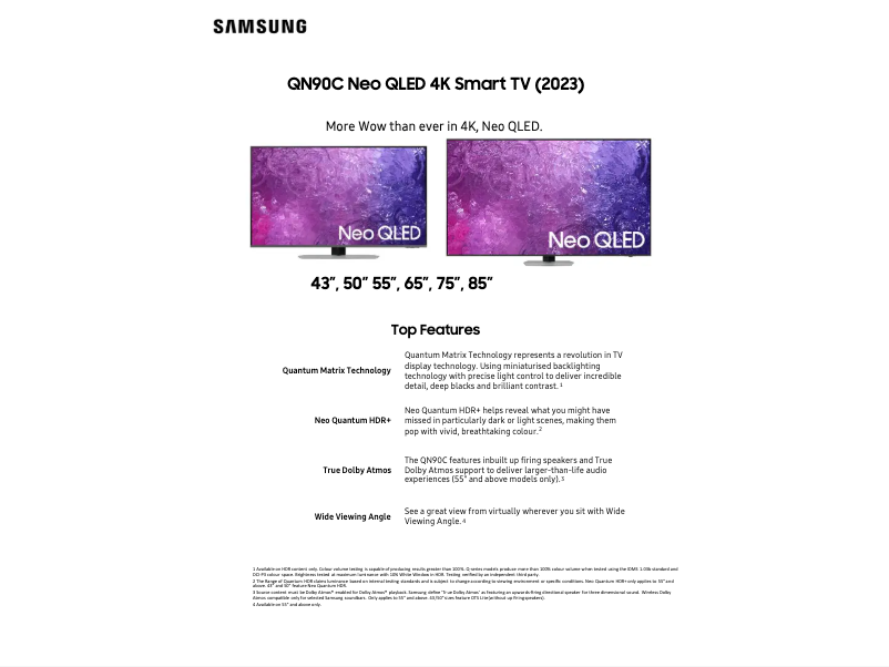 Page 1 de la notice Fiche technique Samsung QA43QN90CAWXXY