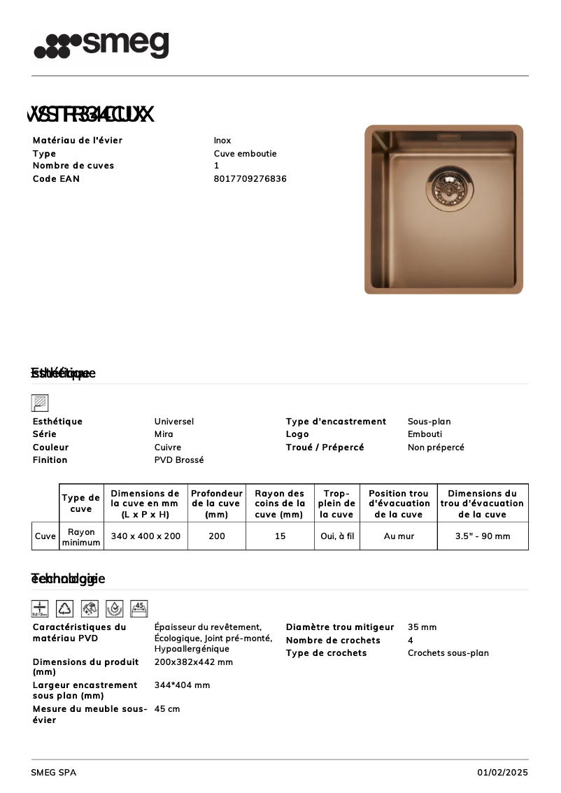 Page 1 de la notice Fiche technique Smeg VSTR34CUX