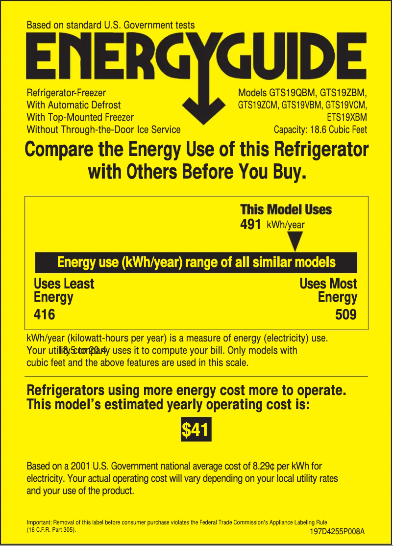 Page 1 de la notice Label énergétique GE GTS19QBMBB