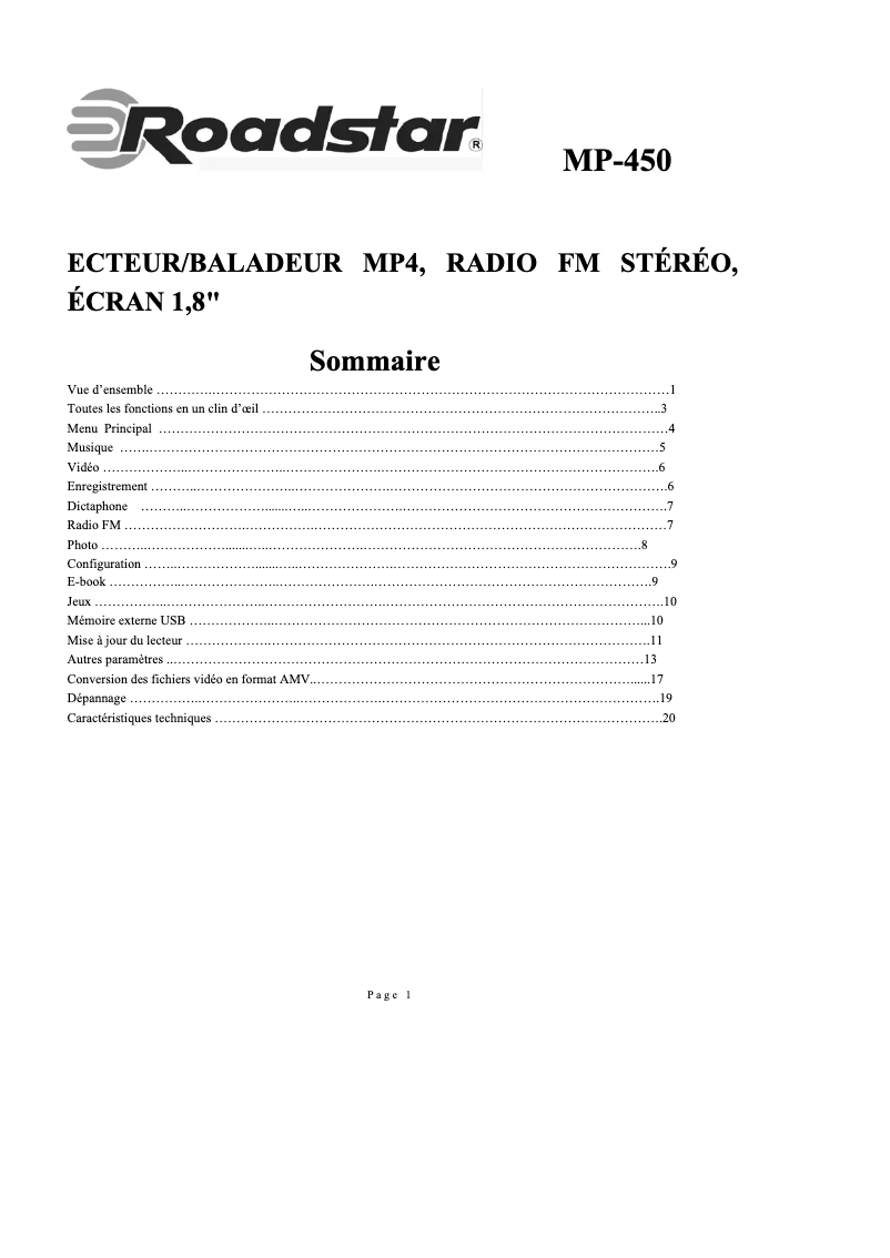 Page 1 de la notice Manuel utilisateur Roadstar MP-450