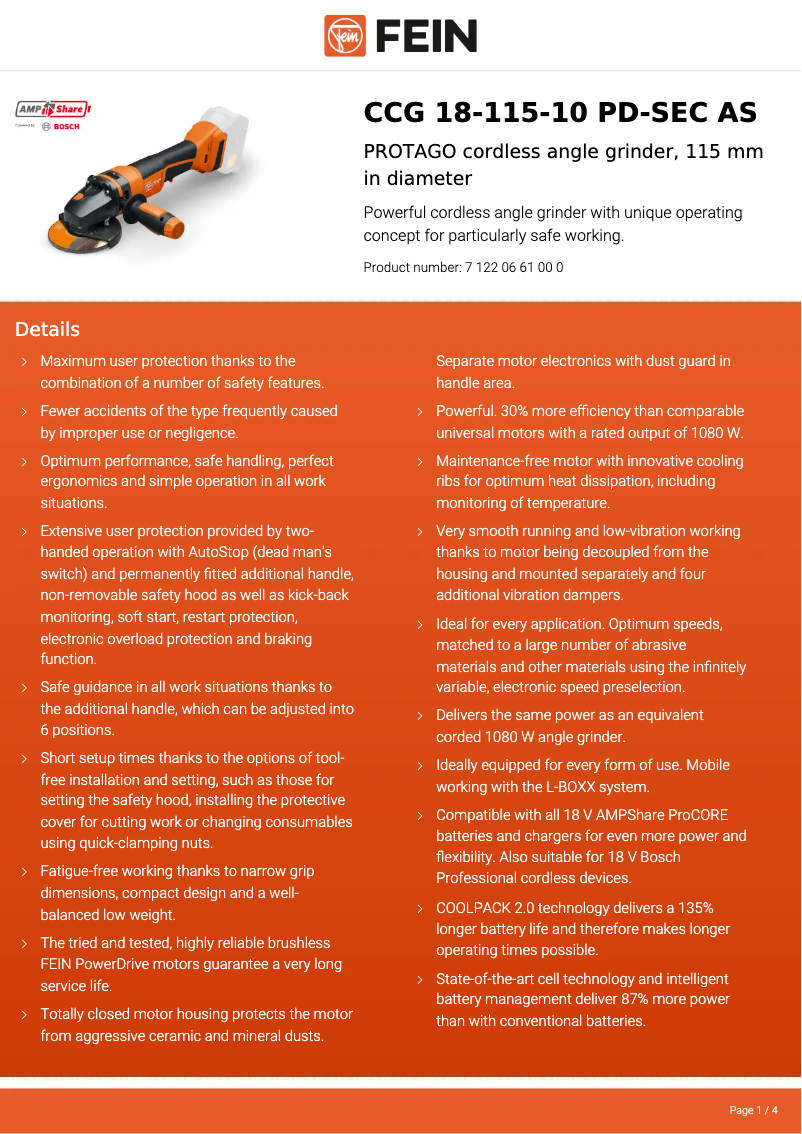Page n°1 - Fiche technique Fein CCG 18-115-10 PD-SEC AS