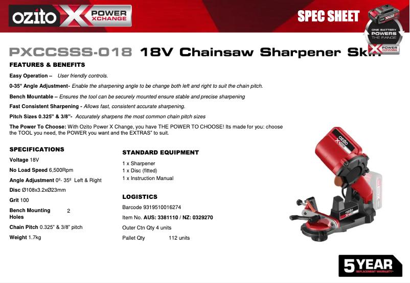 Page 1 de la notice Fiche technique Ozito PXCCSSS-018
