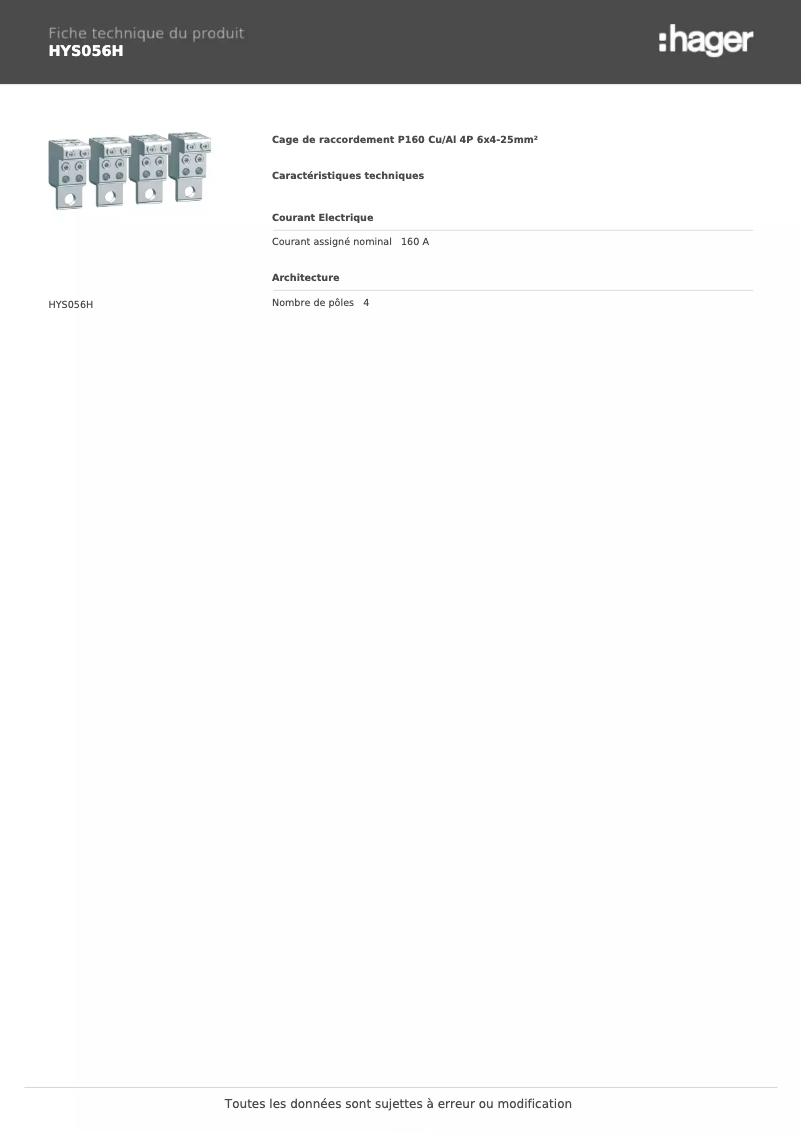 Page 1 de la notice Fiche technique Hager HYS056H