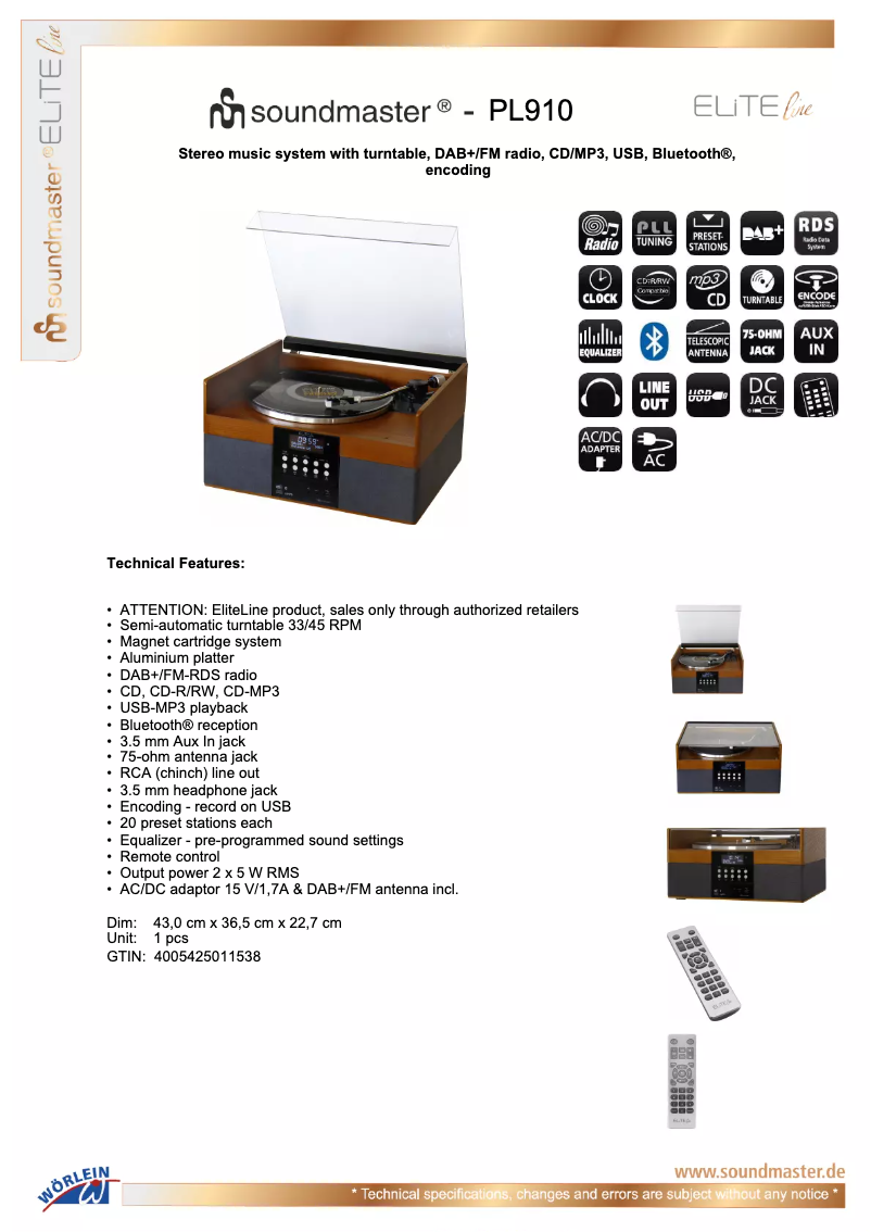 Page 1 de la notice Fiche technique Soundmaster Elite Line PL910