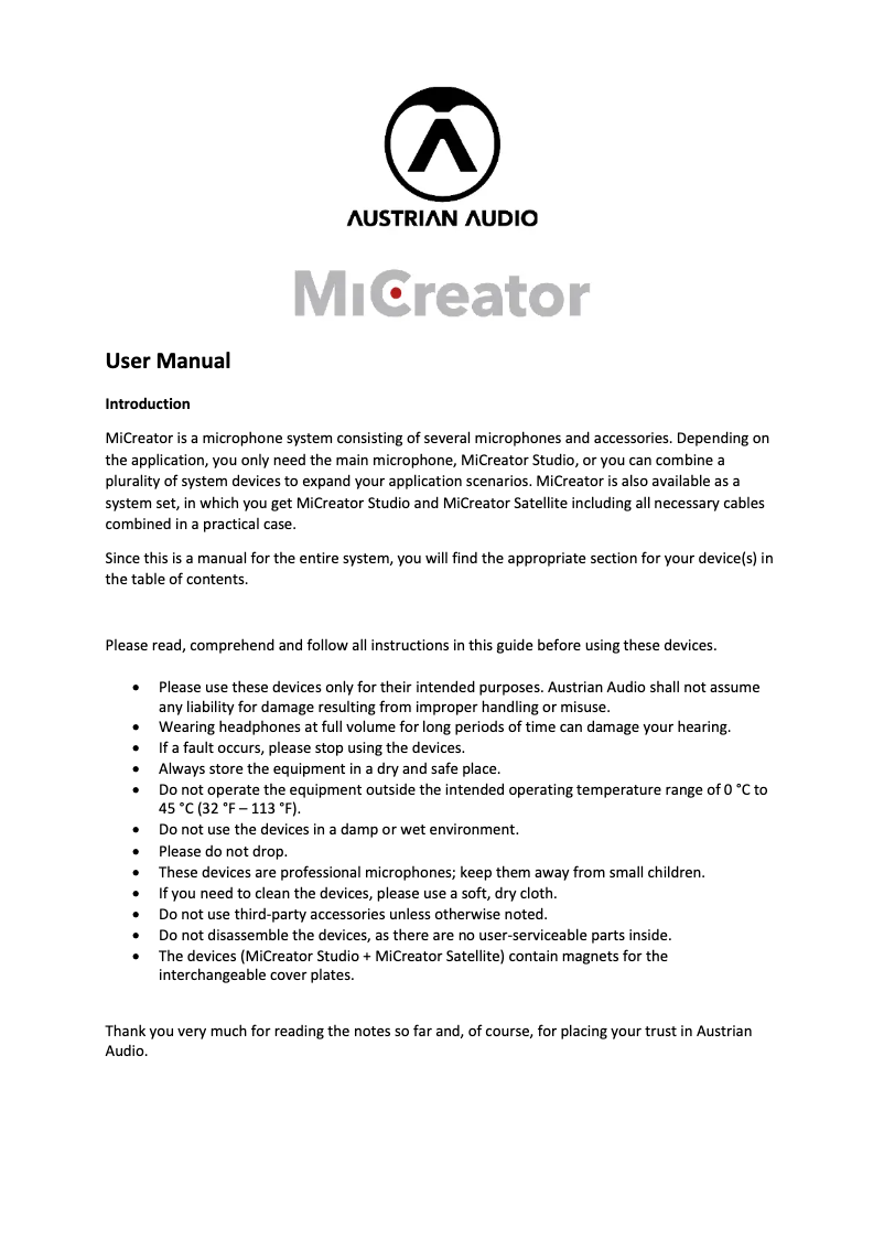 Page 1 de la notice Manuel utilisateur Austrian Audio MiCreator Studio