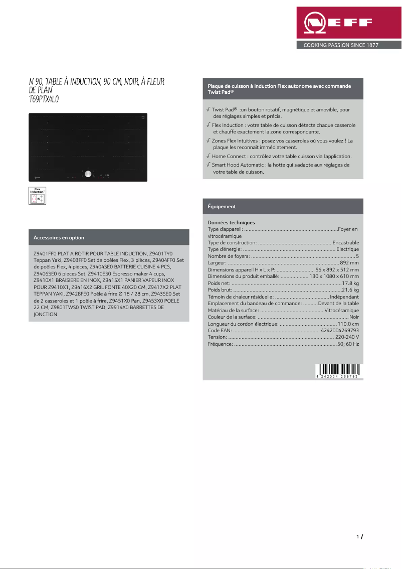 Page n°1 - Fiche technique Neff T69PTX4L0