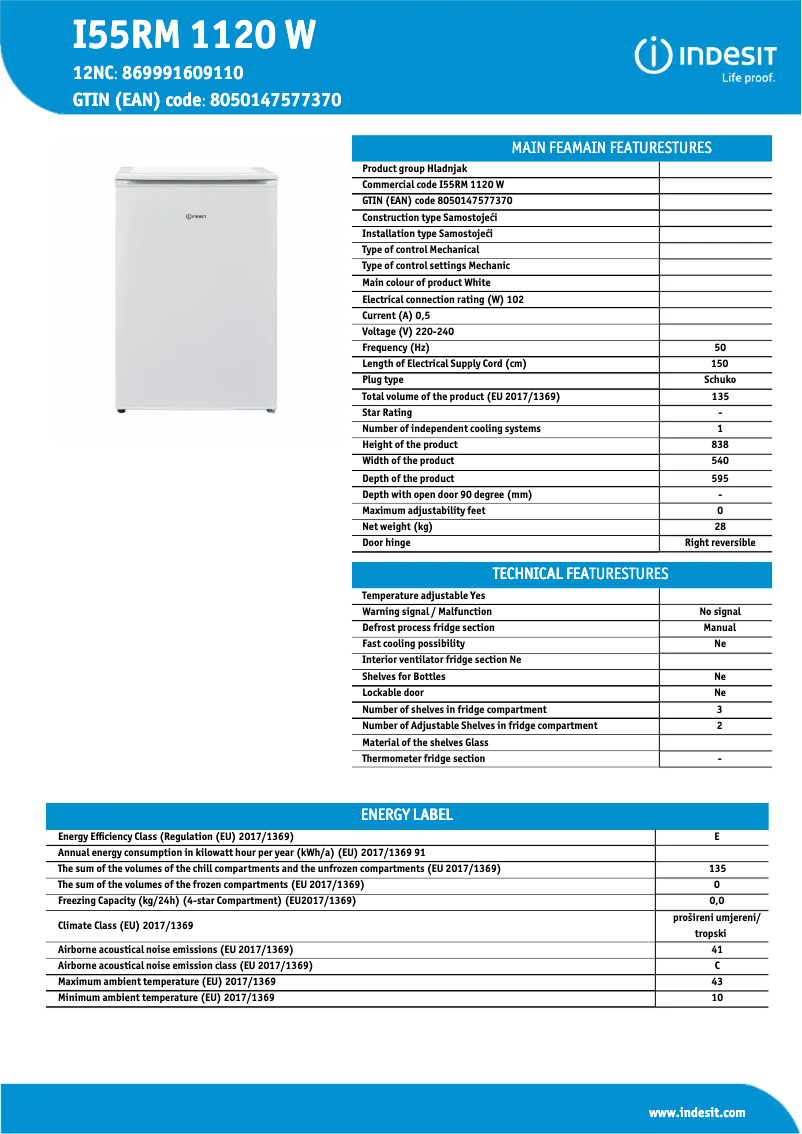 Page 1 de la notice Fiche technique Indesit I55RM 1120 W