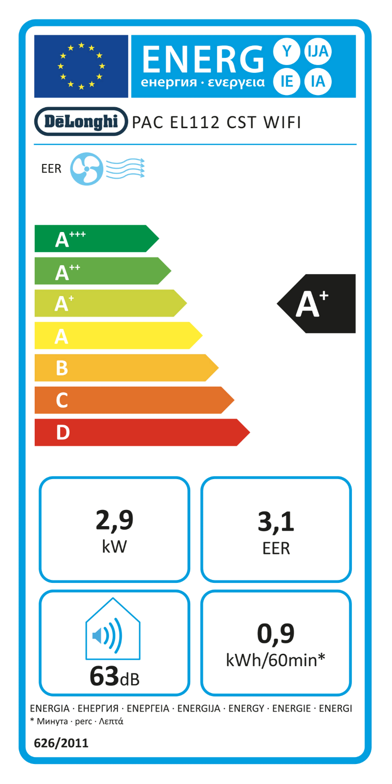 Page 1 de la notice Label énergétique DeLonghi Pinguino Care4Me PAC EL112 CST WIFI