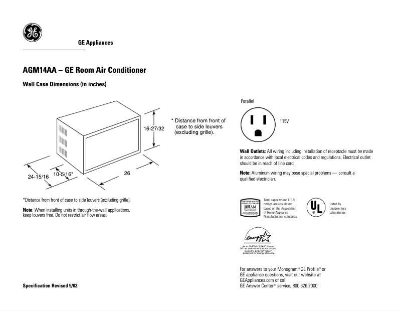 Page n°1 - Fiche technique GE AGM14AA