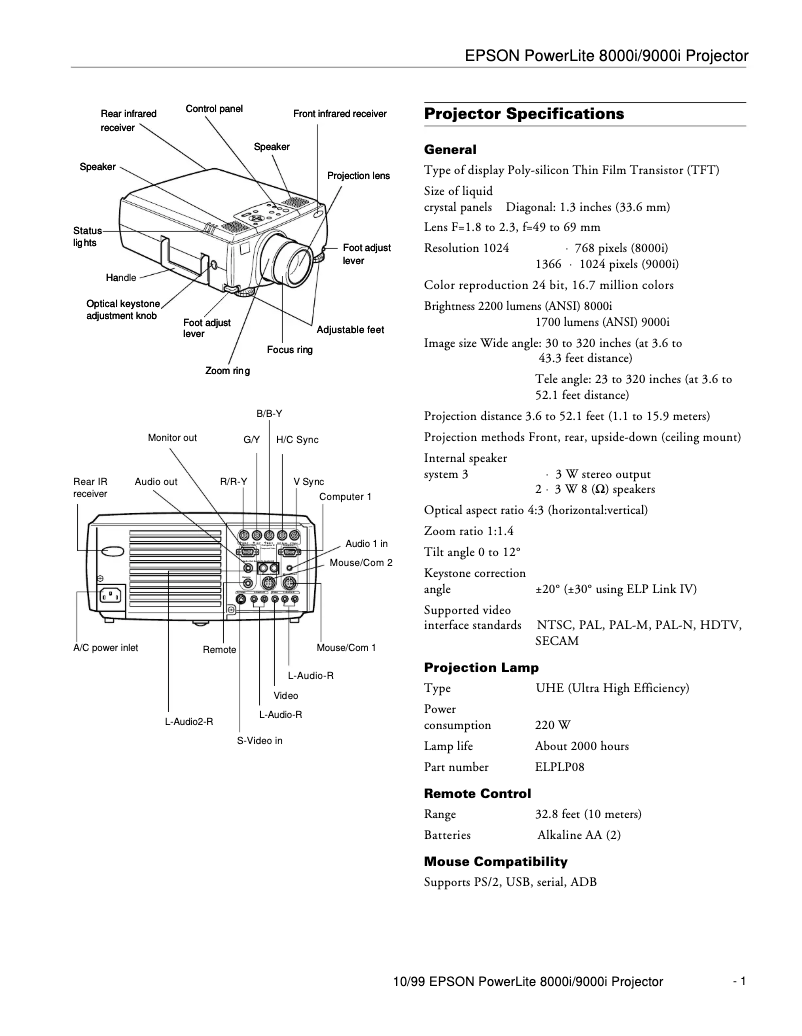 Page 1 de la notice Fiche technique Epson PowerLite 8000i