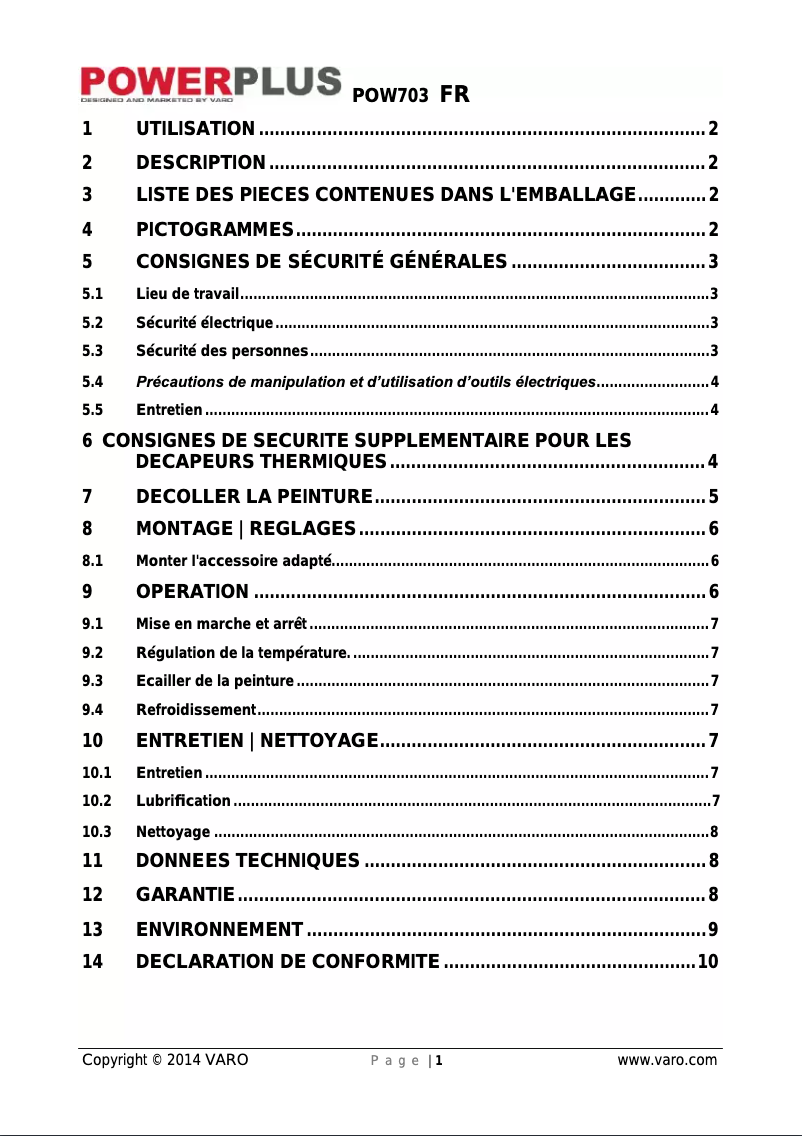 Page n°1 - Manuel utilisateur PowerPlus POW703