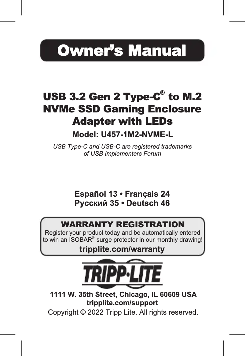 Page n°1 - Manuel utilisateur Tripp Lite U457-1M2-NVME-L