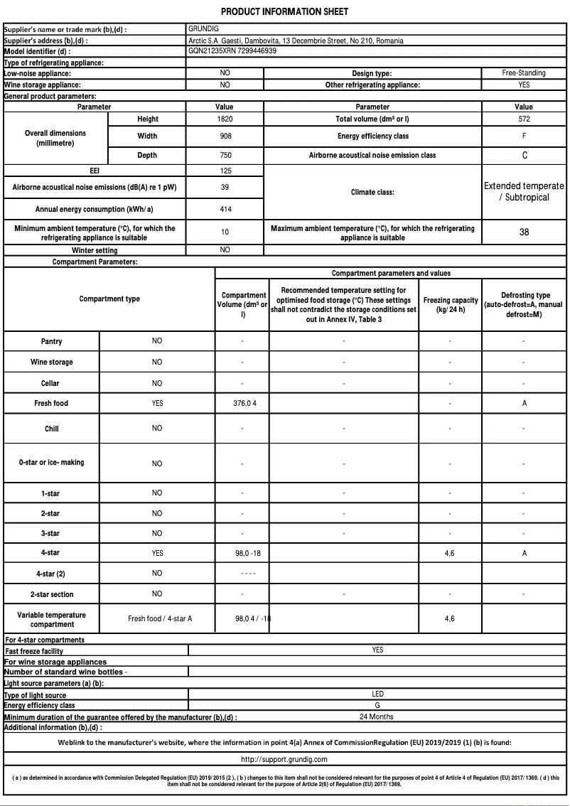 Page 1 de la notice Fiche technique Grundig GQN21235XRN