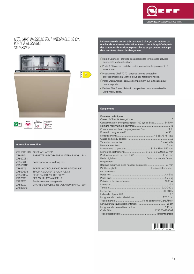 Page n°1 - Fiche technique Neff S197EB800E