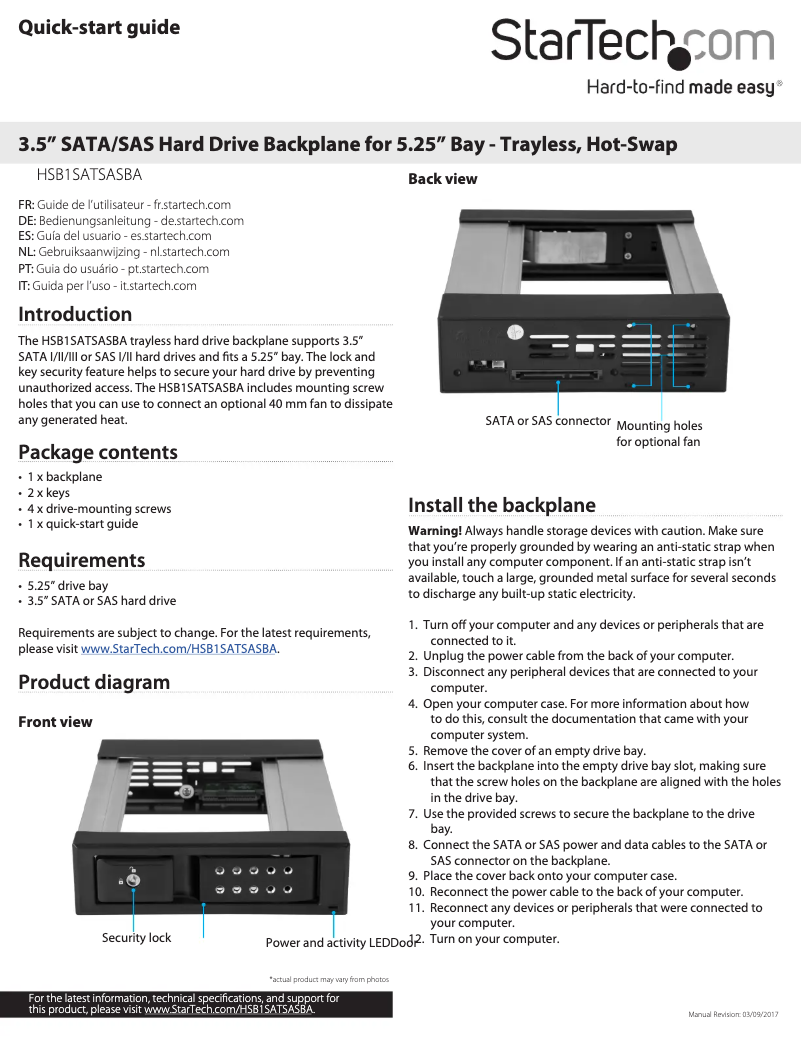 Image de la première page du manuel de l'appareil HSB1SATSASBA