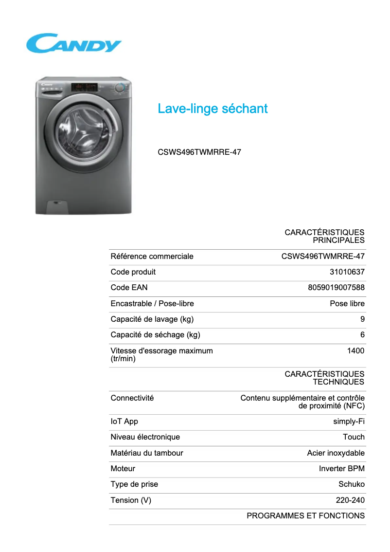 Page n°1 - Fiche technique Candy CSWS496TWMRRE-47