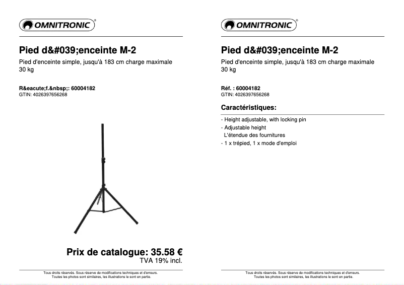 Page 1 de la notice Fiche technique Omnitronic M-2