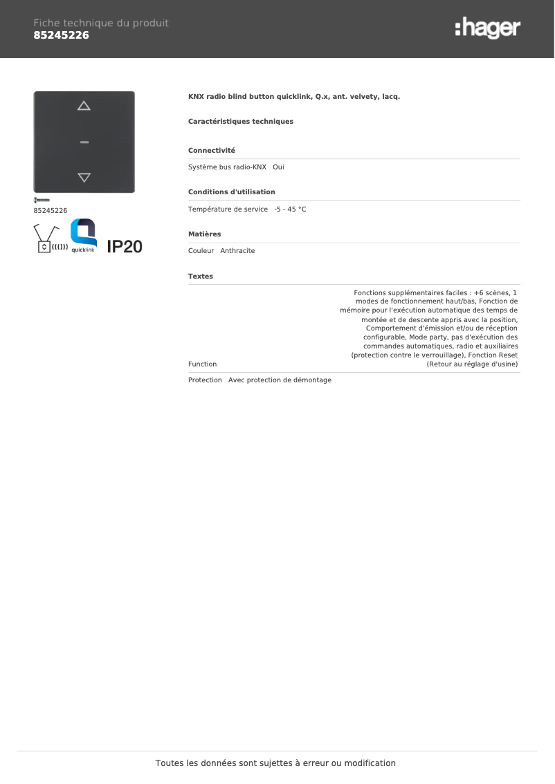 Page 1 de la notice Fiche technique Hager 85245226