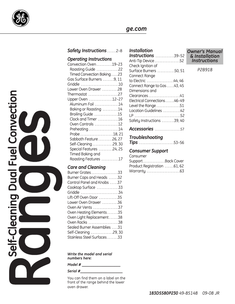 Page n°1 - Manuel d'utilisation et d'entretien GE Profile P2B918DEMCC