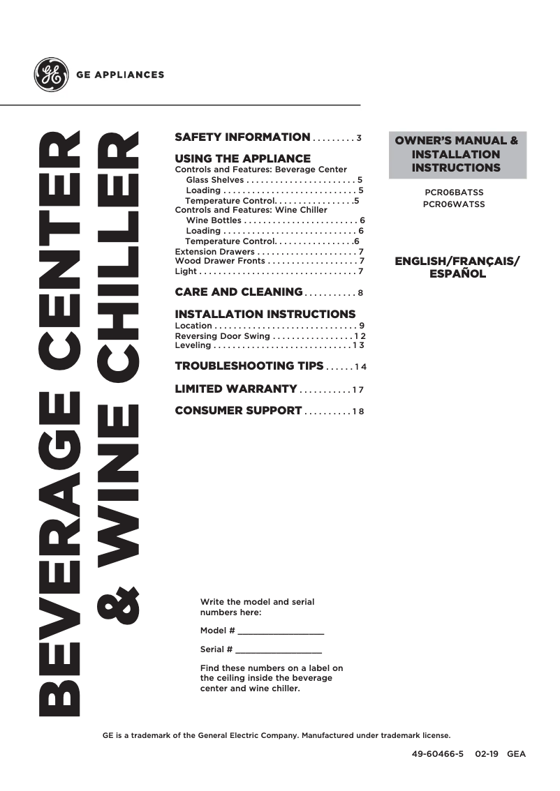 Page 1 de la notice Manuel d'utilisation et d'entretien GE Profile PCR06BATSS
