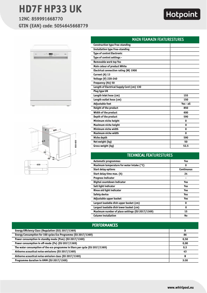 Page n°1 - Fiche technique Hotpoint HD7F HP33 UK