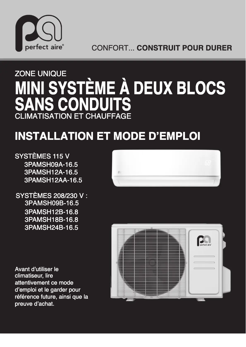 Page 1 de la notice Manuel utilisateur Perfect Aire 3PAMSH18B-16.8
