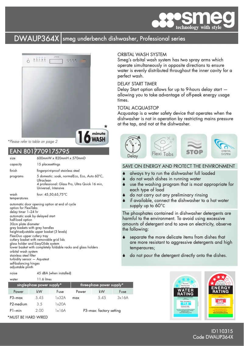 Page n°1 - Fiche technique Smeg DWAUP364X