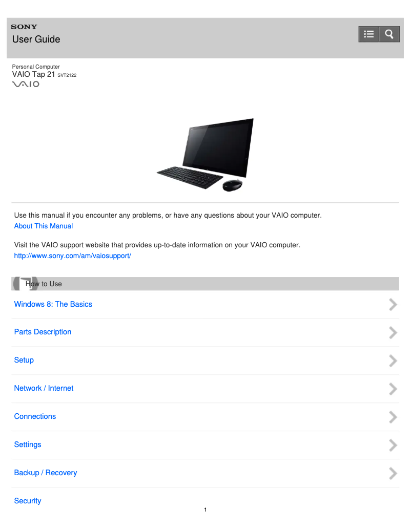 Page 1 de la notice Manuel utilisateur Sony Vaio Tab 21 SVT2122