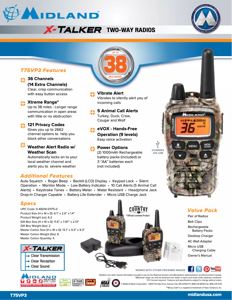 Page 1 de la notice Fiche technique Midland X-Talker T75VP3