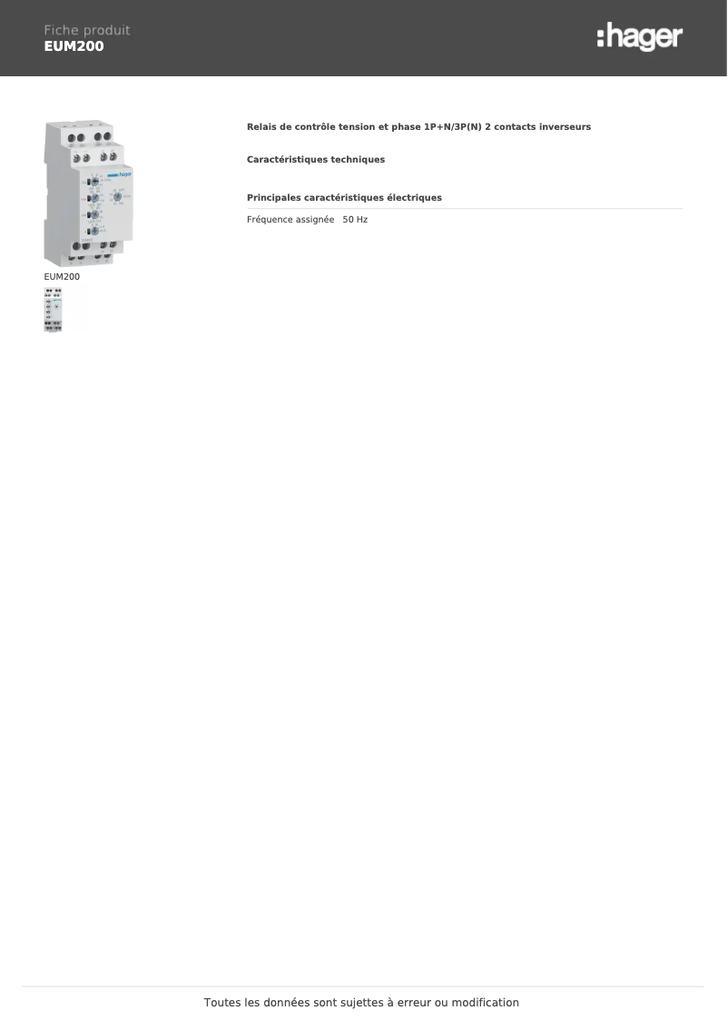 Page n°1 - Fiche technique Hager EUM200