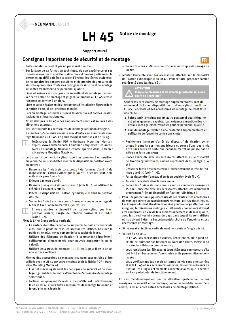 Page 1 de la notice Guide de démarrage rapide Neumann LH 45