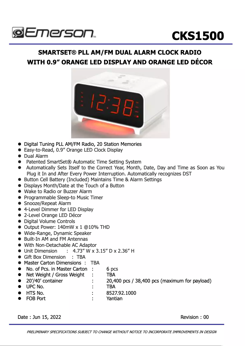 Page 1 de la notice Fiche technique Emerson CKS1500