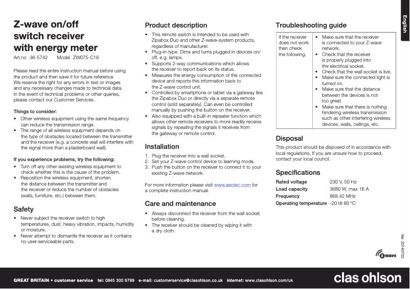 Image de la première page du manuel de l'appareil ZW075-C16