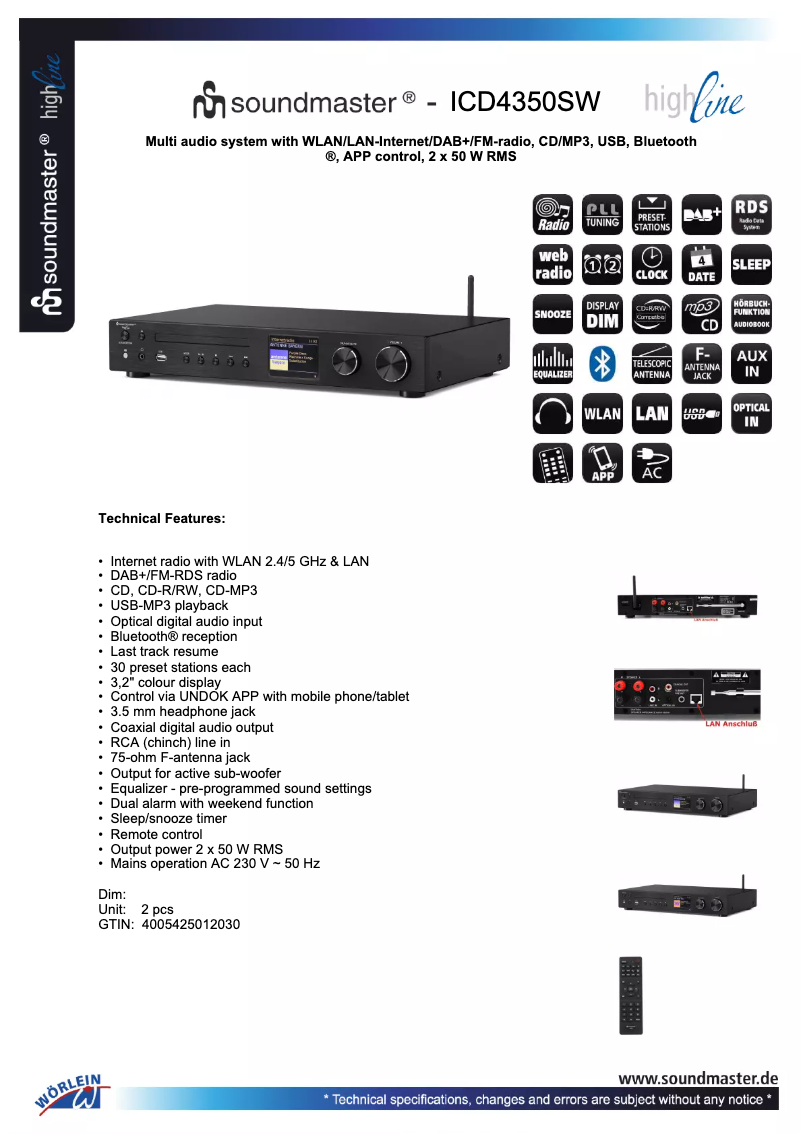 Page 1 de la notice Fiche technique Soundmaster ICD4350